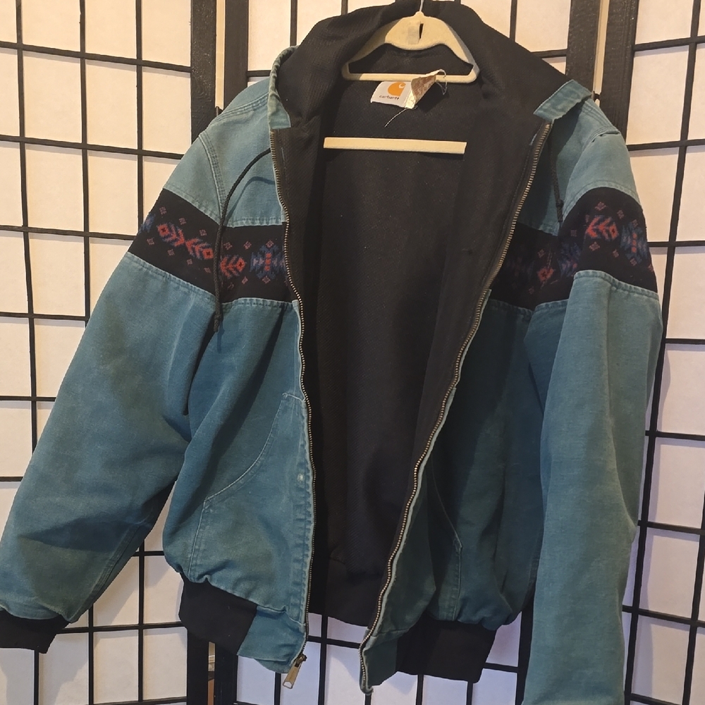 Teal Blue and Black Carhartt Jacket with Patterned Accents And Hood